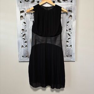 Karen Millen Black Pleated Faux Leather Waist Fit Flare High Neck Mini Dress